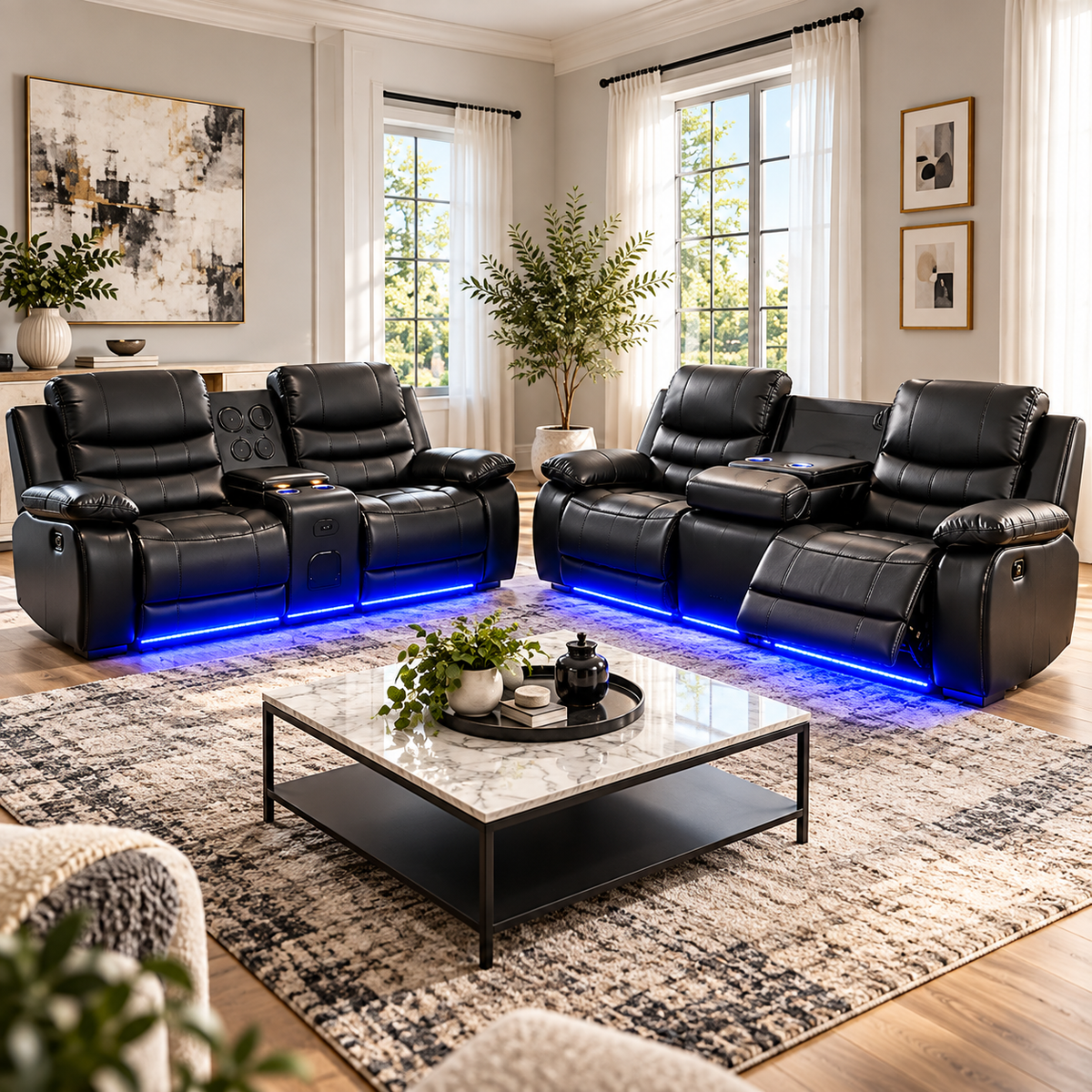 Power Reclining Sofa & Loveseat Set with Bluetooth Speakers, Charging Ports & LED Lighting
