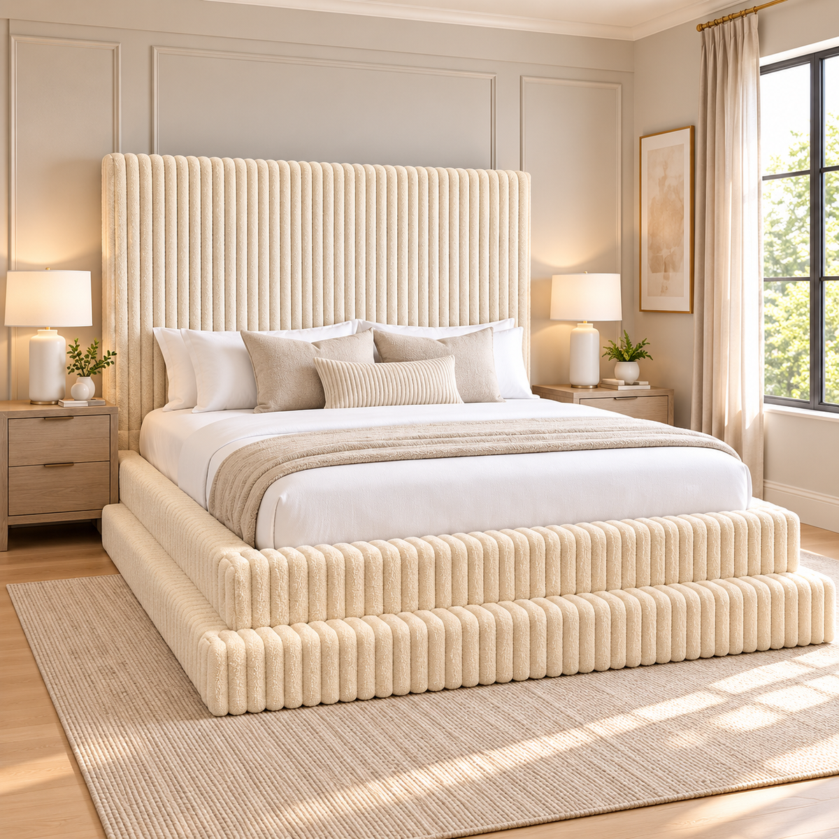 Cream Layered Upholstered Queen Bed