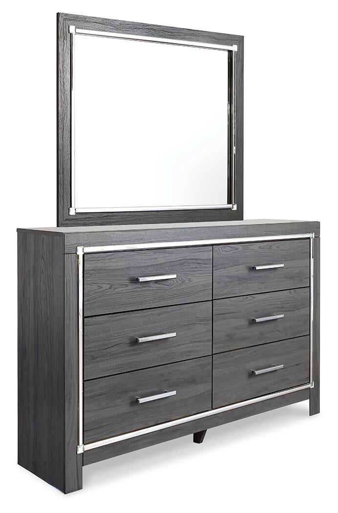 Lodanna King Panel Bed with 2 Storage Drawers, Dresser, Mirror and Nightstand