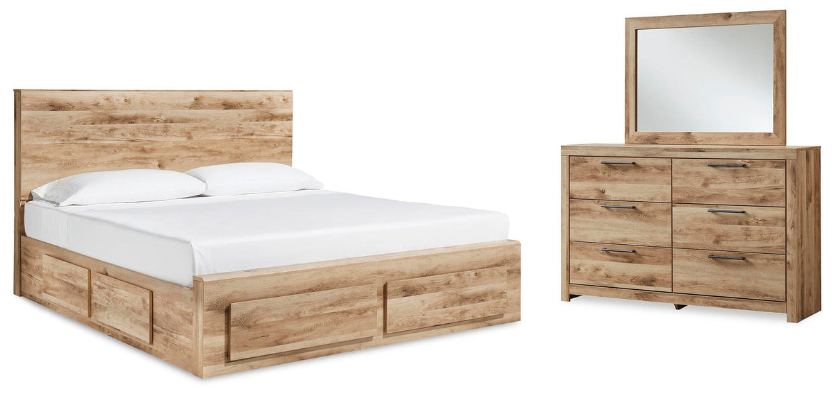 Hyanna King Panel Storage Bed with 2 Under Bed Storage Drawers, Dresser and Mirror