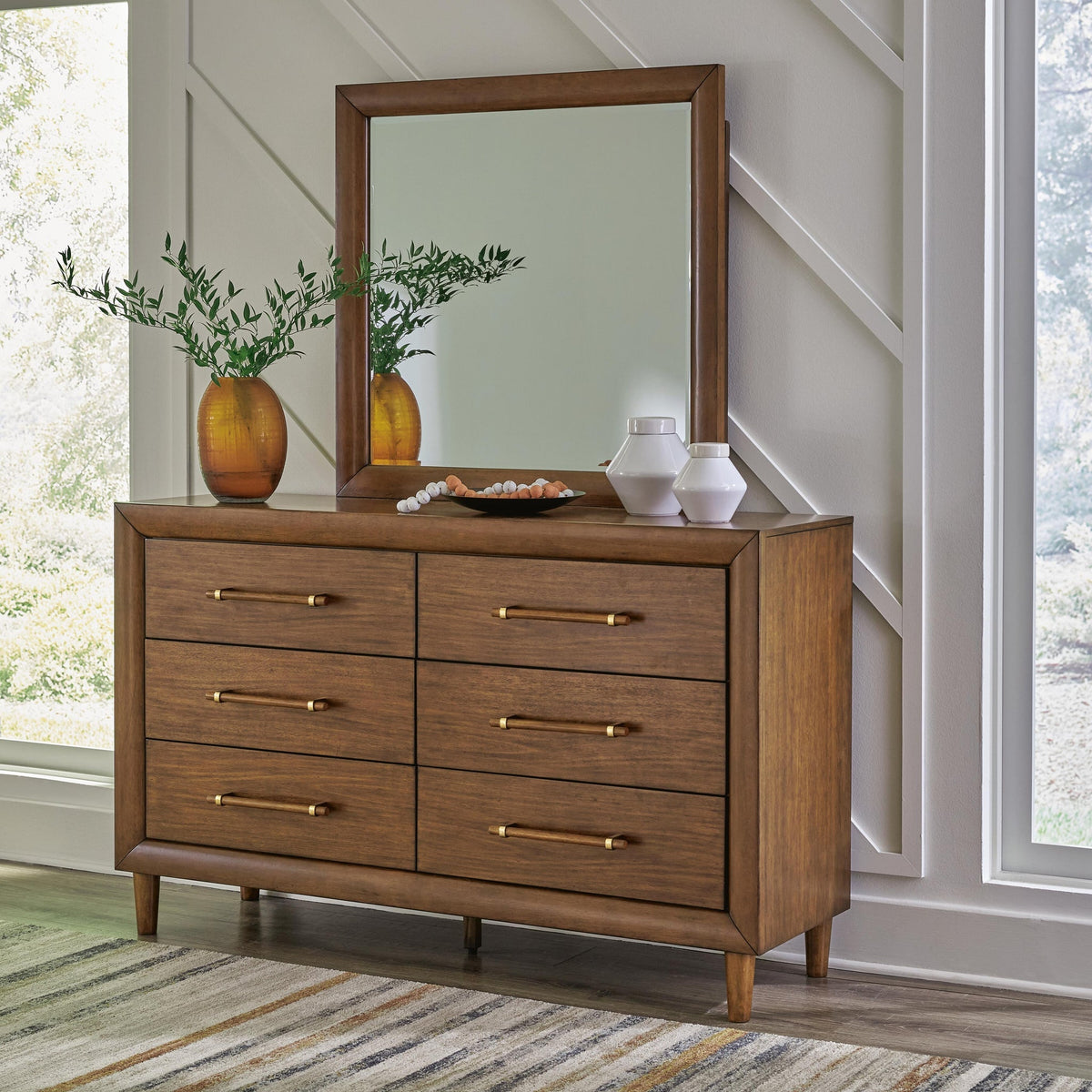 Lyncott Queen Upholstered Bed with Mirrored Dresser and Nightstand