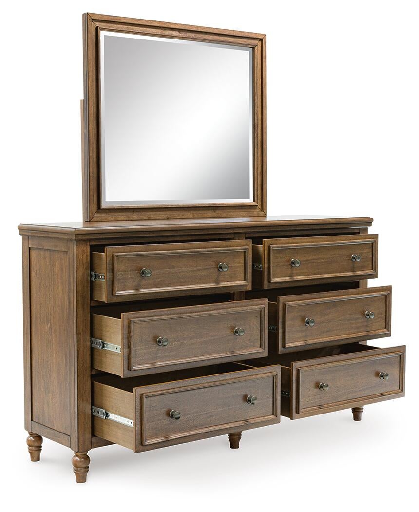 Sturlayne King Upholstered Panel Bed, Dresser, Mirror and Nightstand