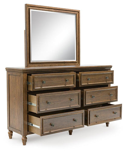 Sturlayne King Upholstered Panel Bed, Dresser, Mirror and Nightstand
