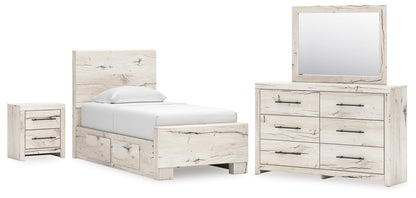 Lawroy Twin Panel Bed with Storage, Dresser, Mirror and Nightstand