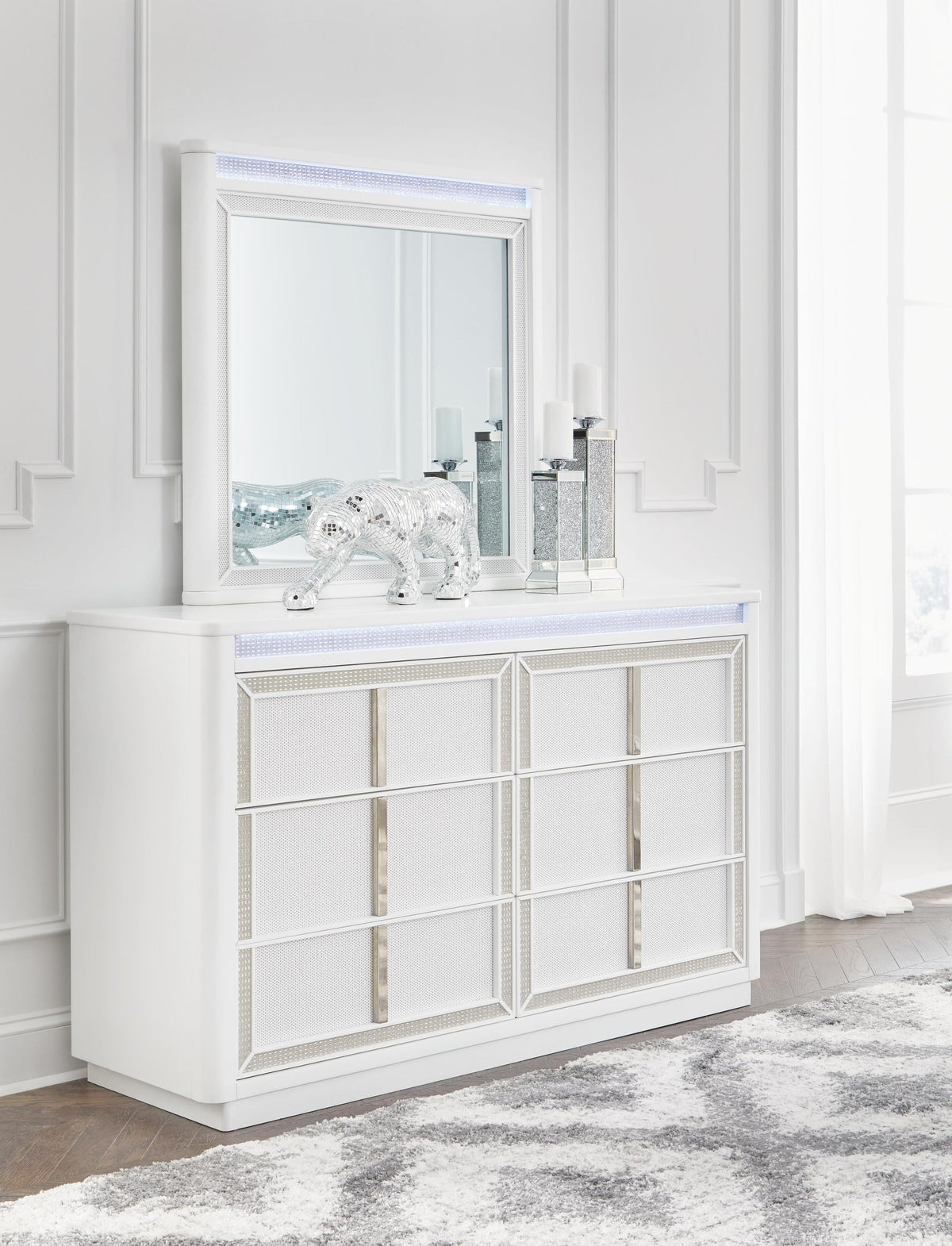 Chalanna King Upholstered Storage Bed, Dresser and Mirror