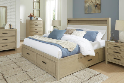 Calmoro Queen Bookcase Bed with Mirrored Dresser and Nightstand