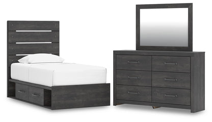 Delmorta Twin Panel Storage Bed, Dresser and Mirror
