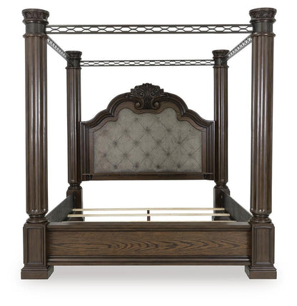 Maylee Queen Canopy Bed, Dresser, Mirror and Nightstand