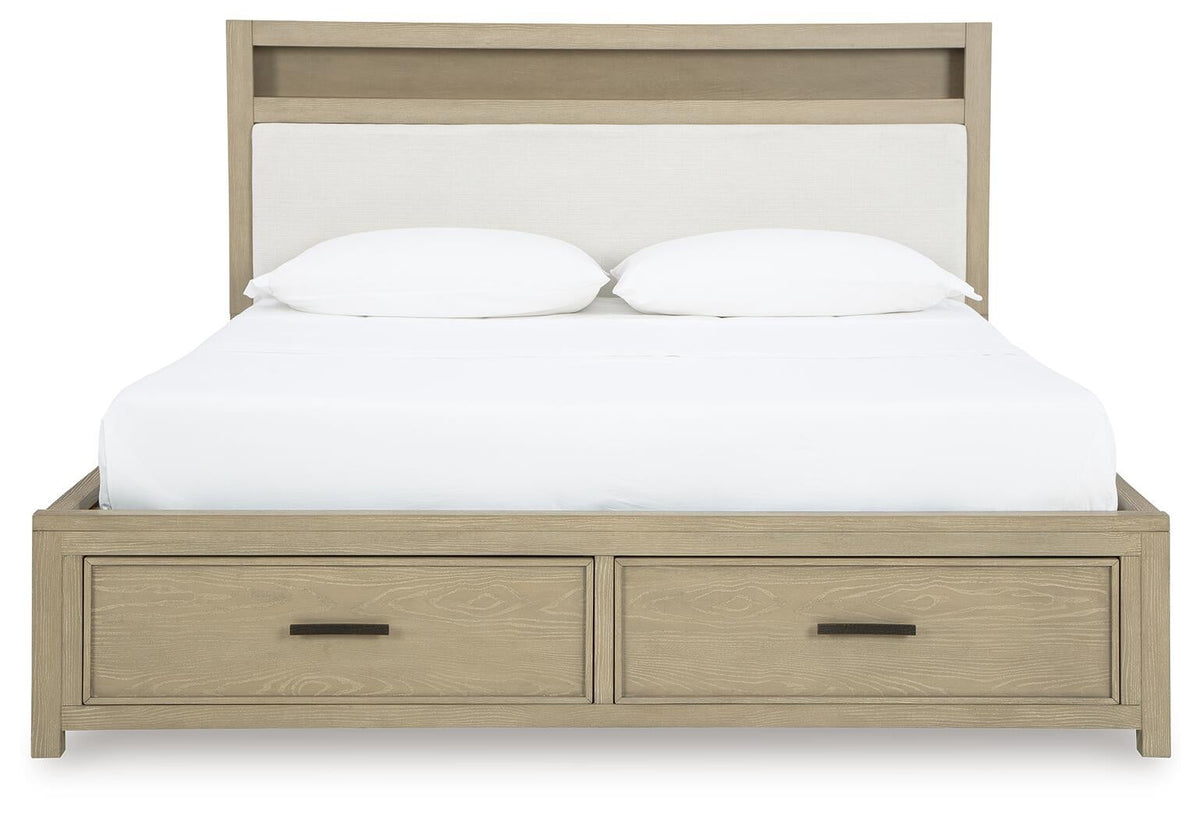 Calmoro California King Bookcase Bed with Mirrored Dresser and Nightstand