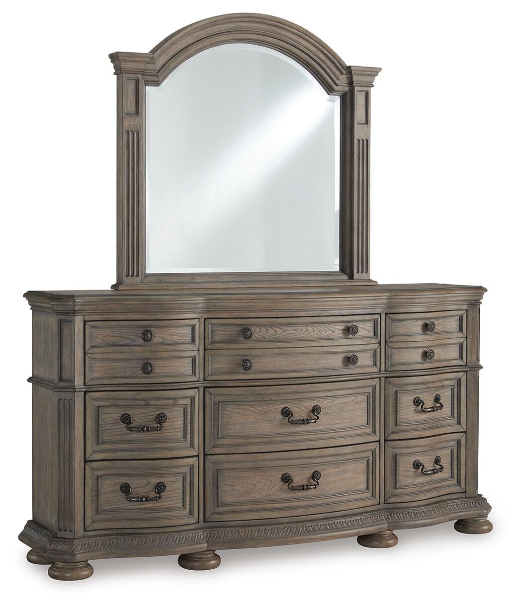 Ardenfield Queen Upholstered Sleigh Bed, Dresser and Mirror