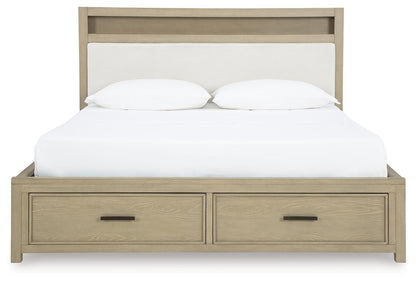 Calmoro King Bookcase Bed with Mirrored Dresser and Nightstand