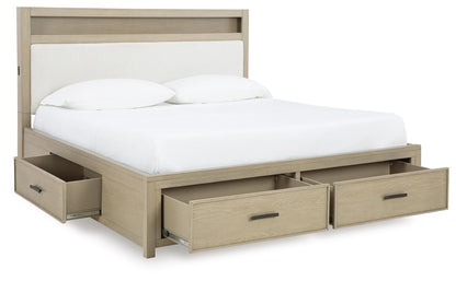 Calmoro King Bookcase Bed with Mirrored Dresser and Nightstand