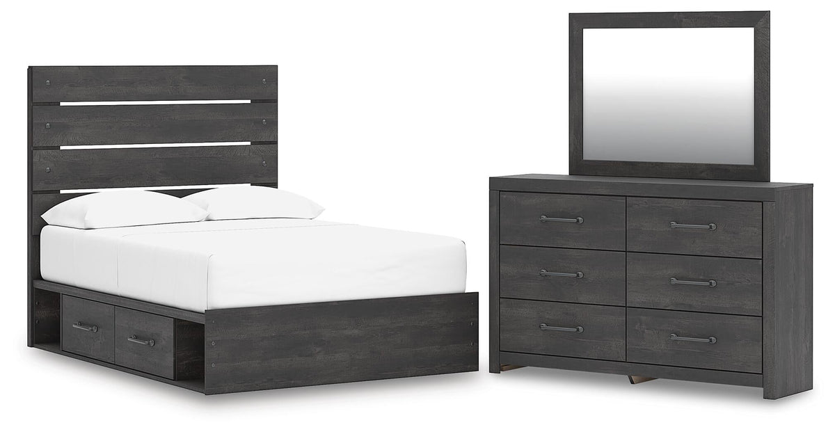 Delmorta Full Panel Bed with Storage, Dresser and Mirror