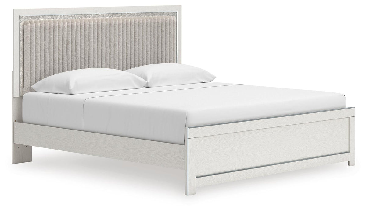 Birmonton King Upholstered Panel Platform Bed, Dresser and Mirror