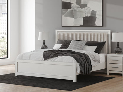 Birmonton King Upholstered Panel Platform Bed, Dresser and Mirror