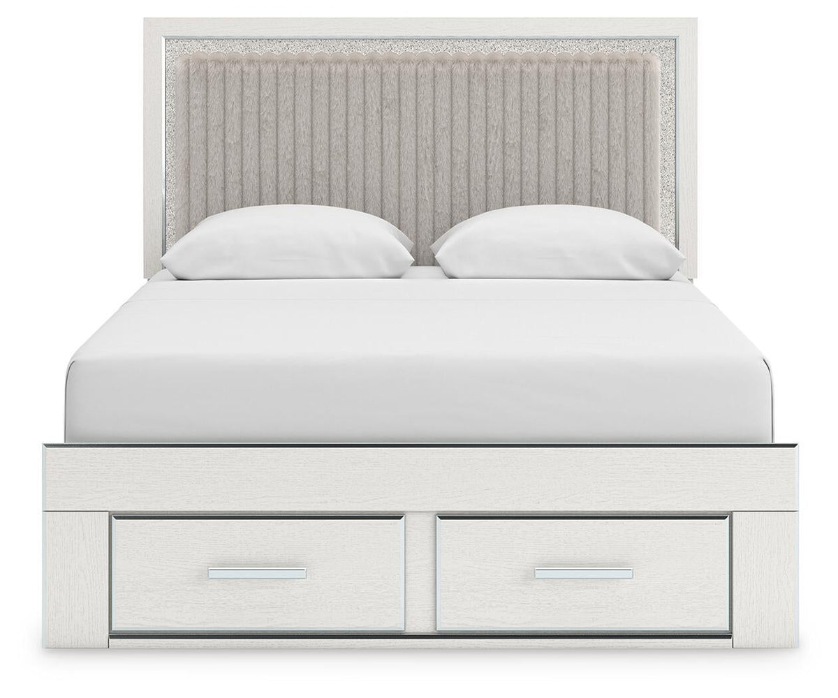 Birmonton Queen Upholstered Panel Platform Storage Bed, Dresser and Mirror