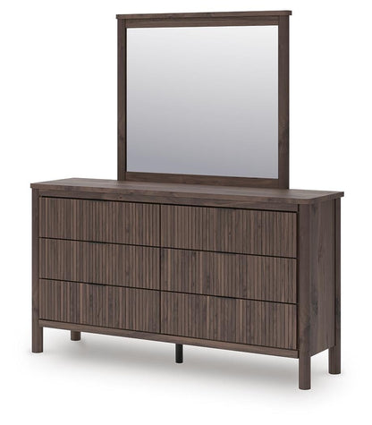 Cadmori King Upholstered Panel Bed, Dresser, Mirror and Nightstand