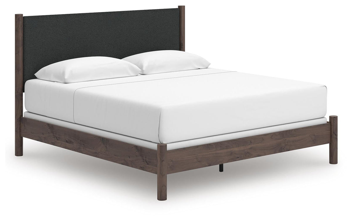 Cadmori King Upholstered Panel Bed, Dresser, Mirror and Nightstand