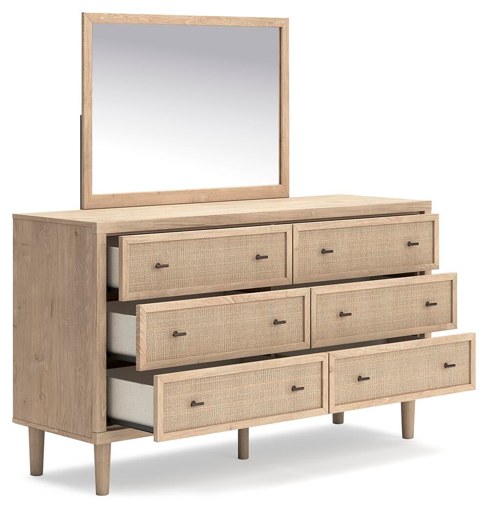 Cielden King Upholstered Bed with Roll Slats, Dresser, Mirror and Nightstand