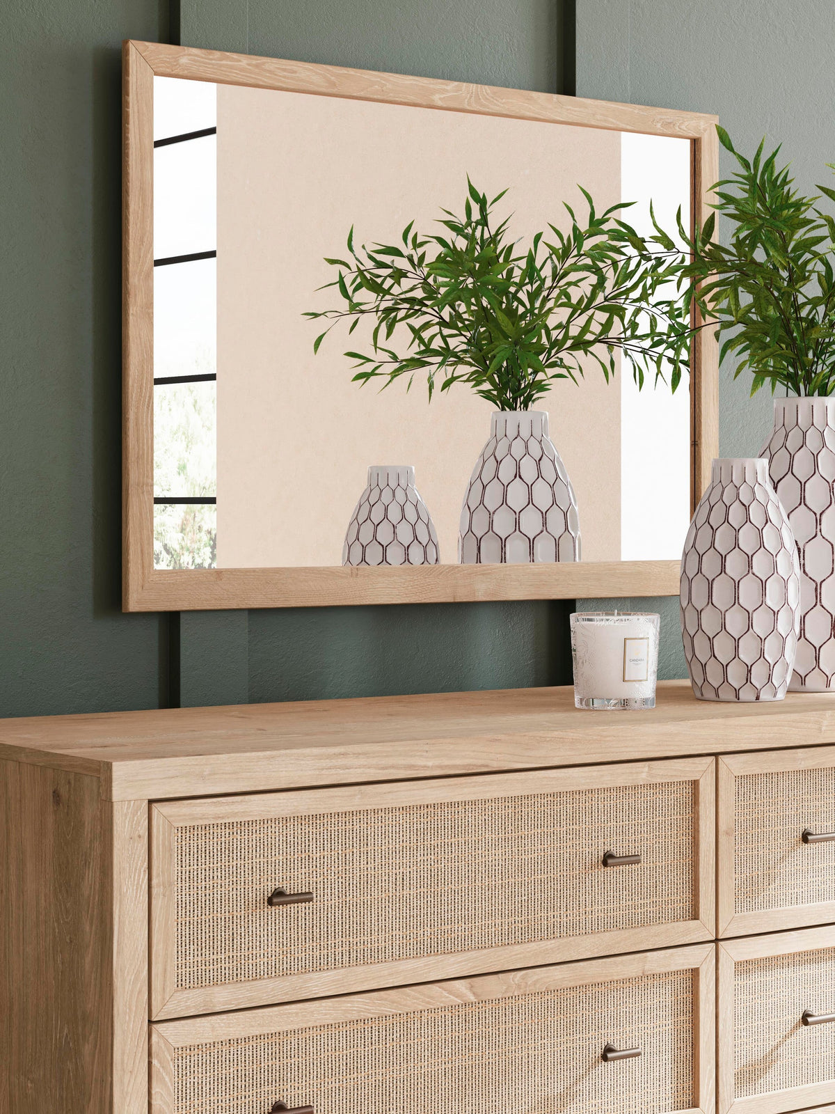 Cielden Full Upholstered Bed with Roll Slats, Dresser and Mirror