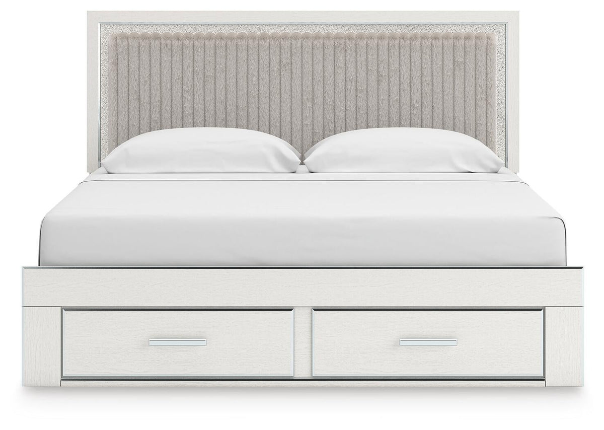 Birmonton King Upholstered Panel Platform Storage Bed, Dresser and Mirror