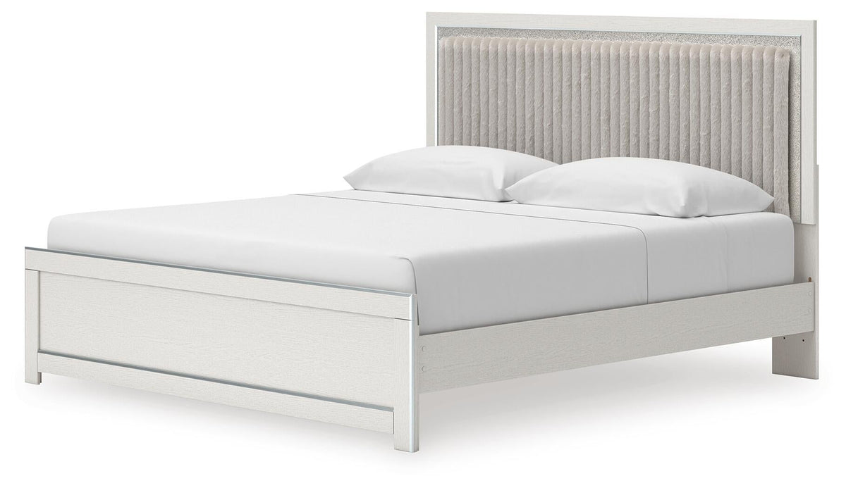 Birmonton King Upholstered Panel Platform Bed, Dresser, Mirror and Nightstand