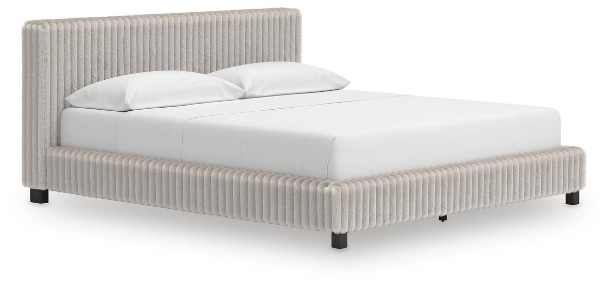 Birmonton California King Upholstered Bed, Dresser, Mirror and Nightstand