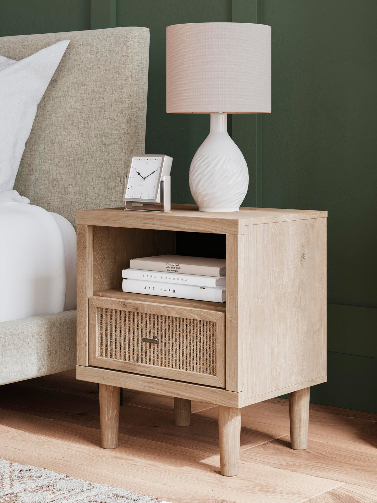Cielden California King Upholstered Bed with Roll Slats, Dresser, Mirror and Nightstand