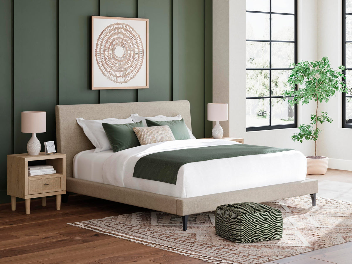 Cielden California King Upholstered Bed with Roll Slats, Dresser, Mirror and Nightstand