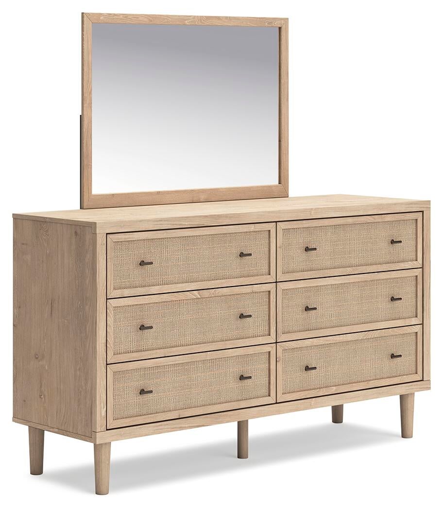 Cielden California King Upholstered Bed with Roll Slats, Dresser and Mirror