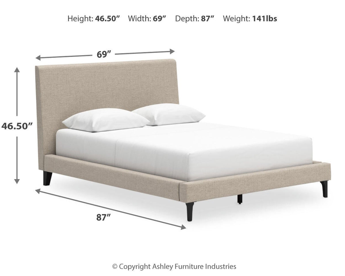 Cielden Queen Upholstered Bed with Roll Slats, Dresser and Mirror