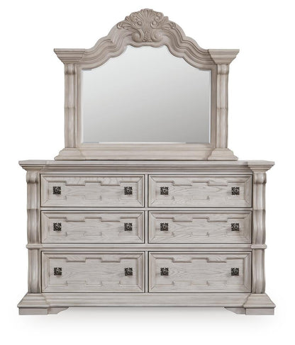 Andonhall King Upholstered Panel Bed with Mirrored Dresser