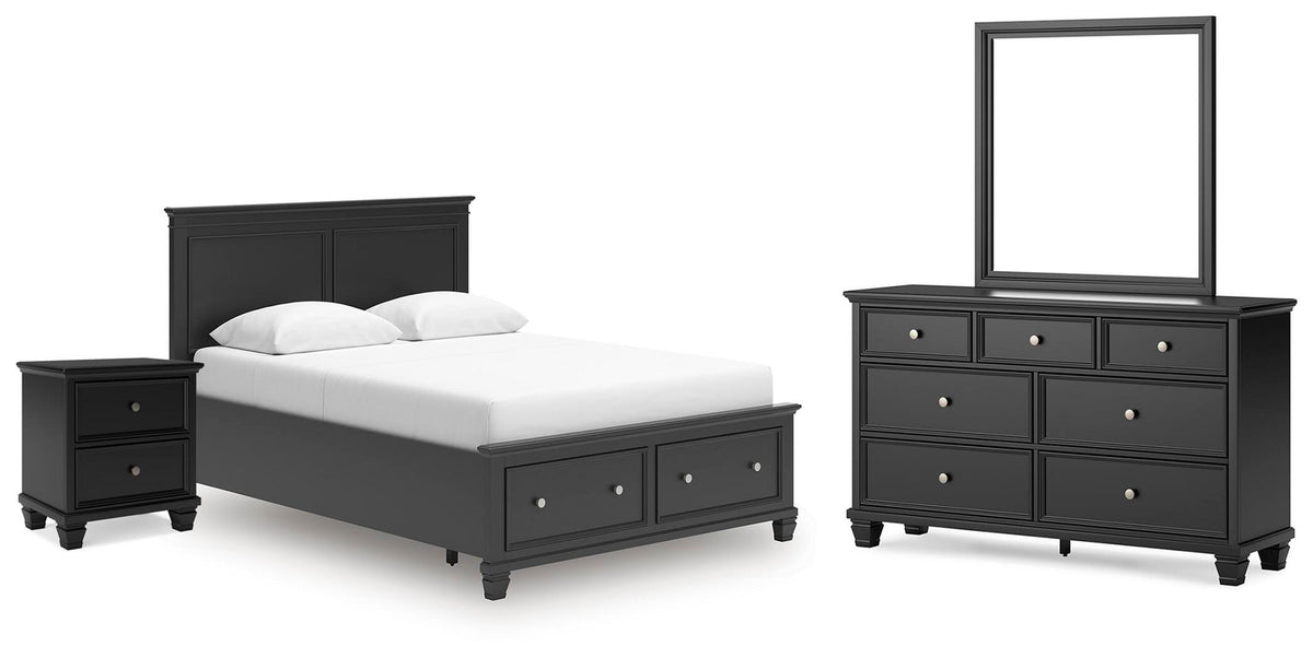 Lanolee Queen Panel Storage Bed, Dresser, Mirror and Nightstand