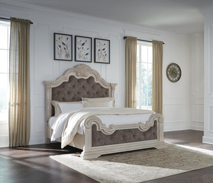 Andonhall California King Upholstered Panel Bed with Mirrored Dresser and Nightstand