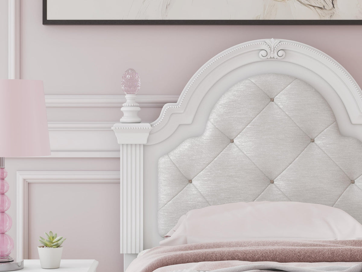Maylilly Twin Upholstered Panel Bed, Dresser, Mirror and Nightstand