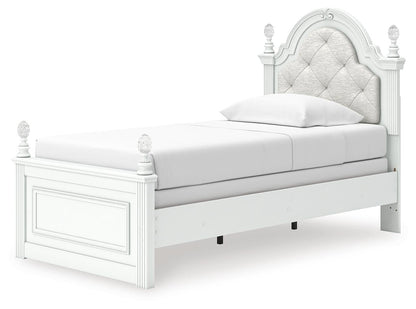Maylilly Twin Upholstered Panel Bed, Dresser and Mirror