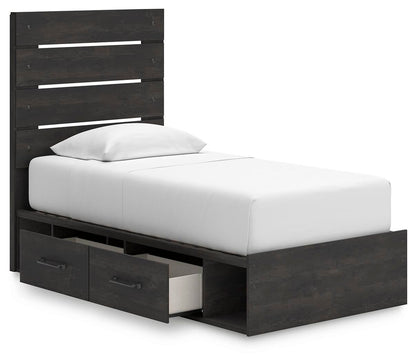 Delmorta Twin Panel Bed with Storage, Dresser and Mirror