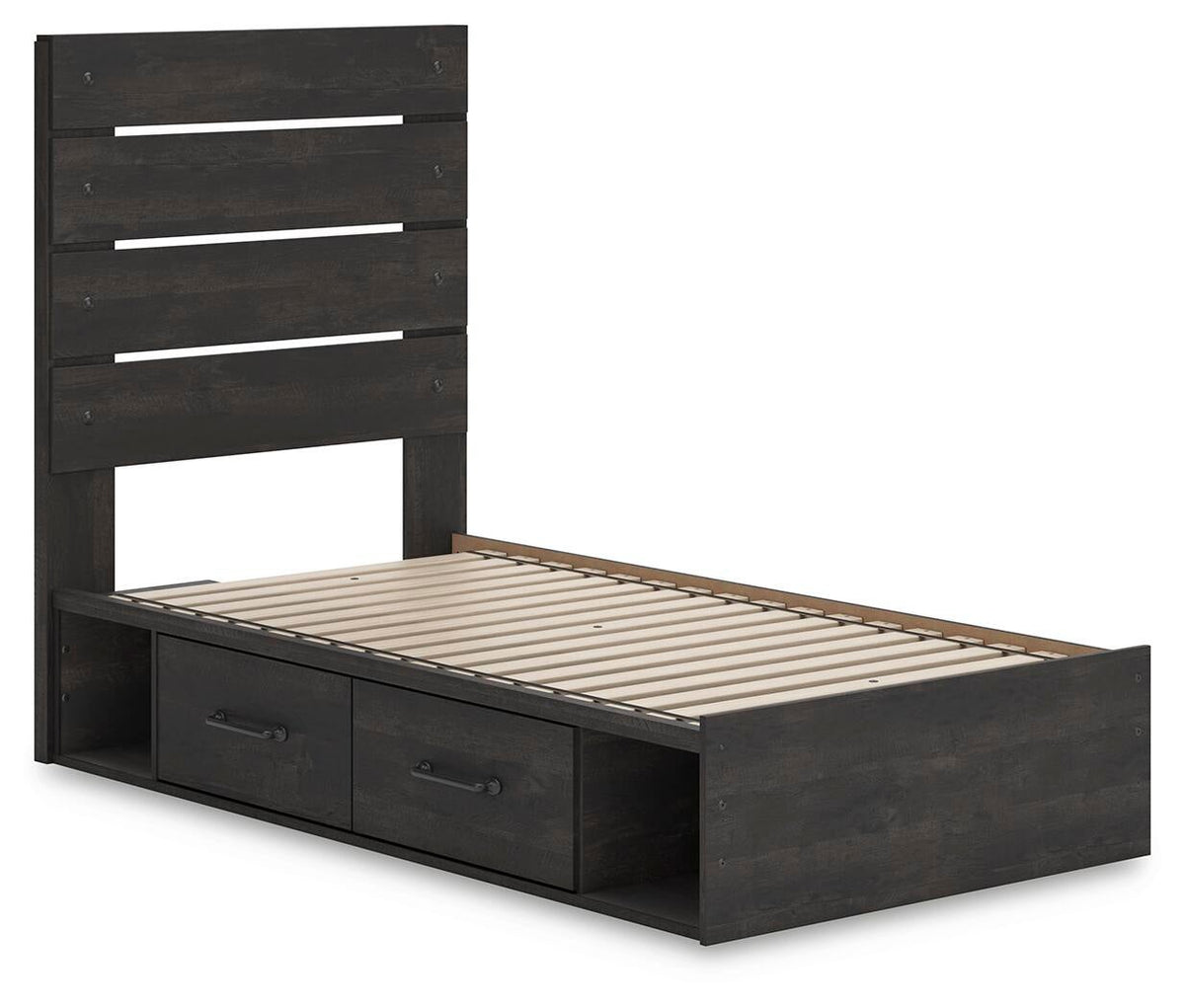Delmorta Twin Panel Bed with Storage, Dresser and Mirror